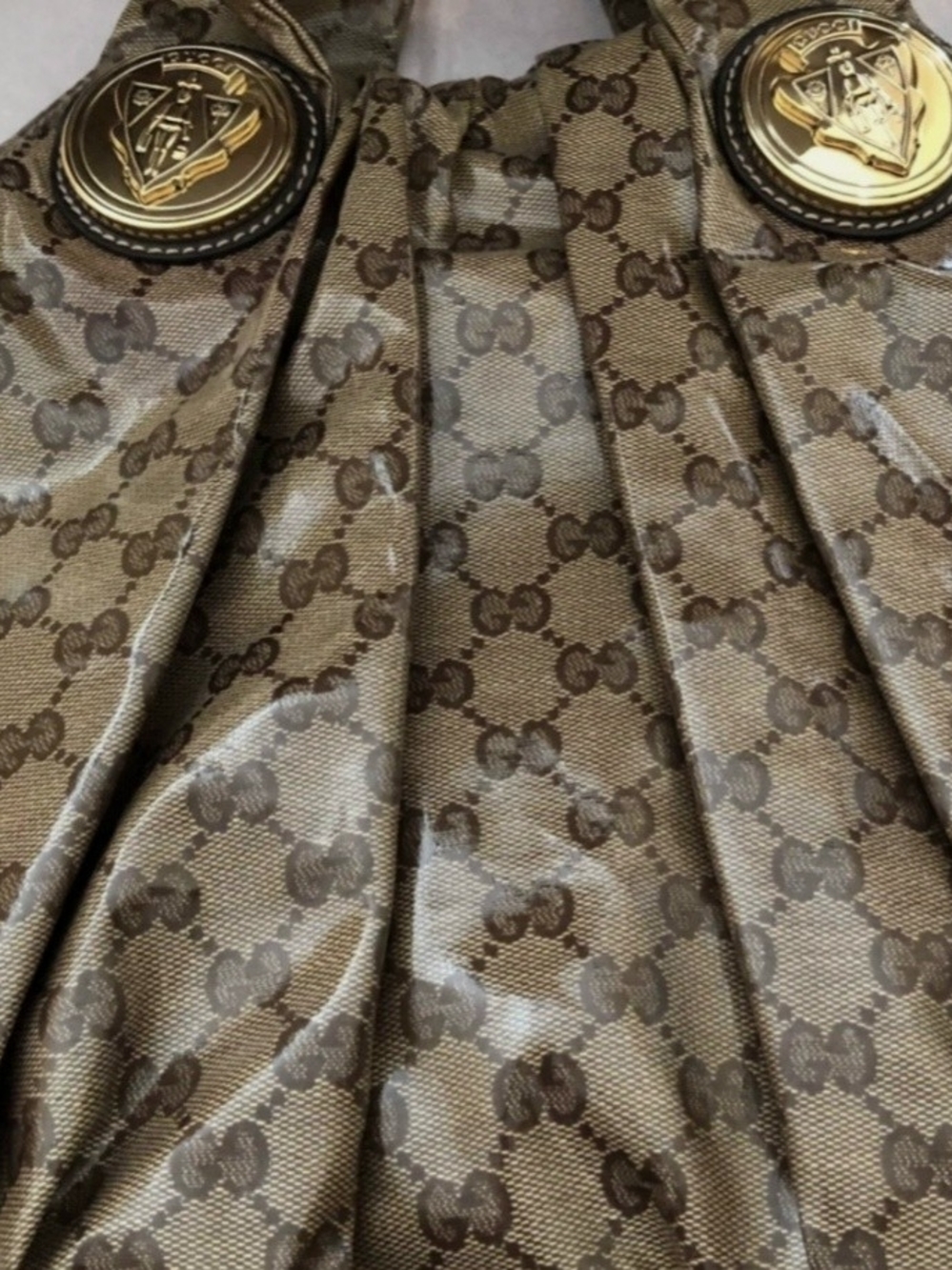 Gucci Brown Monogram Pleated A-Line Skirt with Gold Medallion Buttons